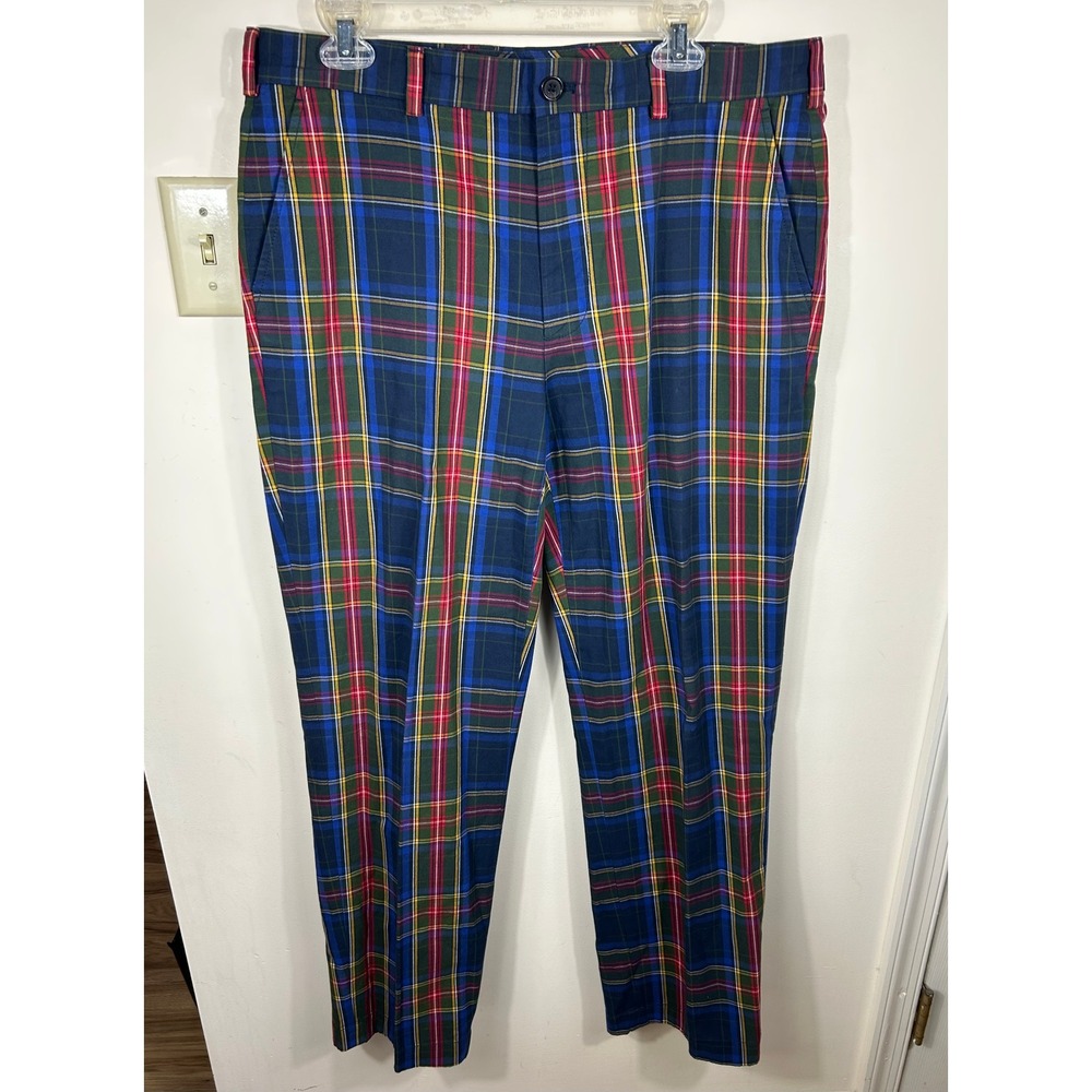 Brooks Brothers Blue Plaid Chinos with Red and Green Accents